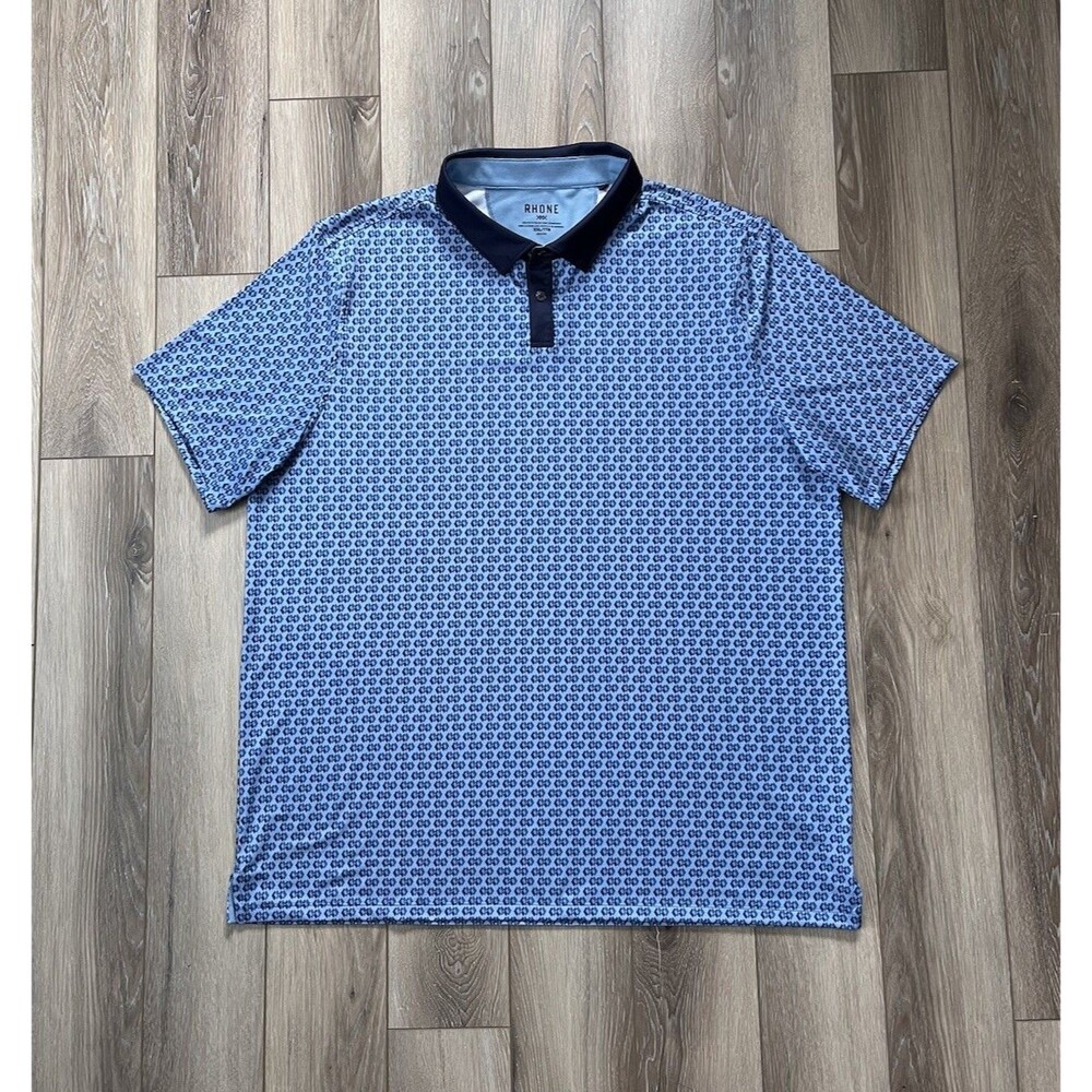 Rhone Men’s Performance Polo Shirt XXL Blue Geo Print Stretch Athletic Golf